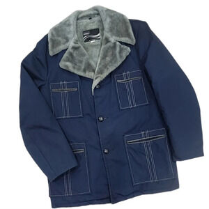 Vintage Montgomery Wards 70s Storm Proof Faux fur Jacket, Navy, Men's 44